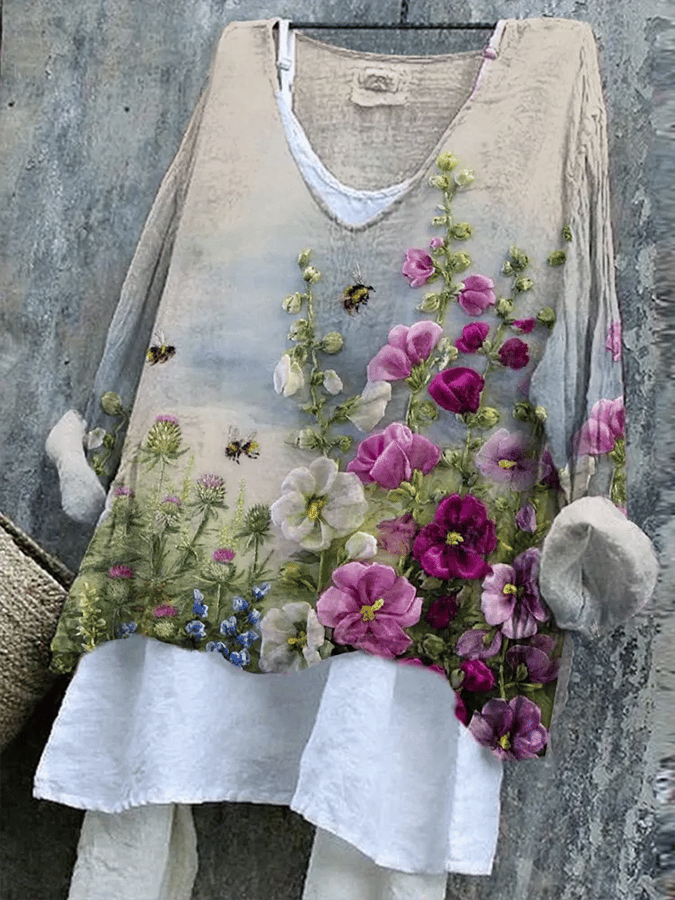 Women's Floral Embroidered Linen Blend Vintage Shirt