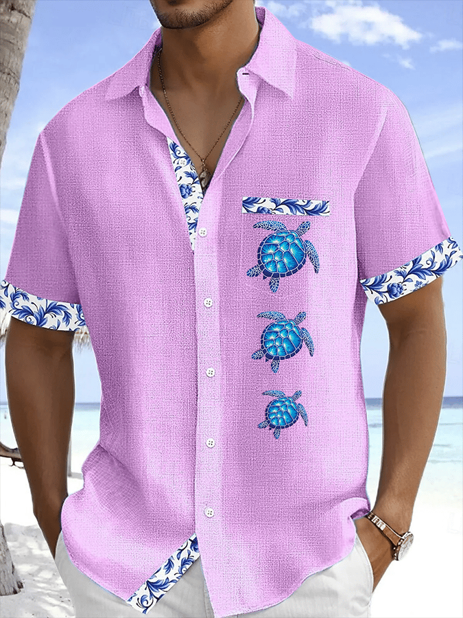 Men's Turtle Printed Casual Vacation Shirt (With Pockets)