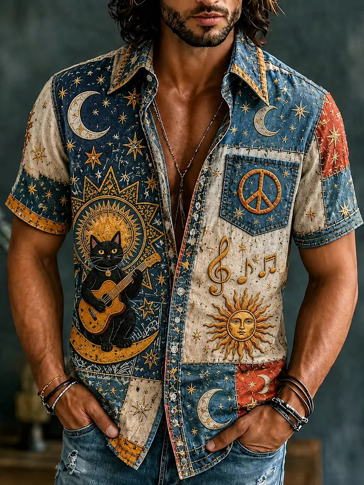 Men's Hippie Music Patchwork Denim Art Print Casual Shirt