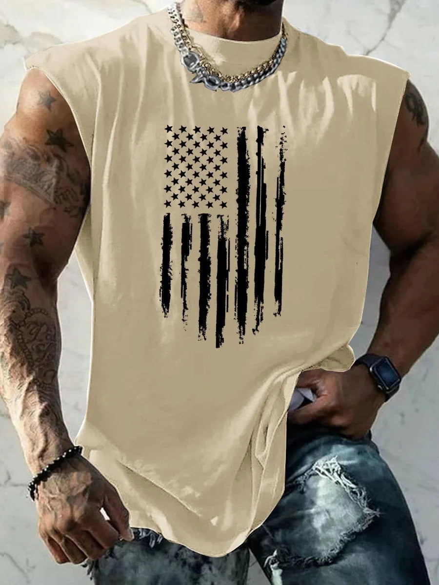 America Flag Pattern Round Neck 100% Cotton Tank Top