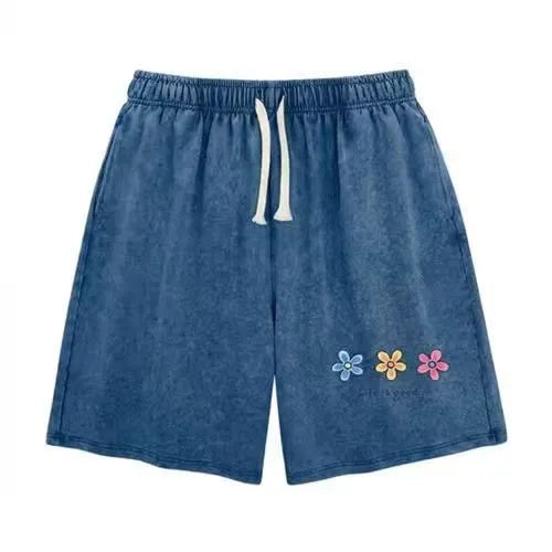 Unisex Flower Print Casual Shorts Acid Wash Soft Comfortable Cotton Blend Bottoms