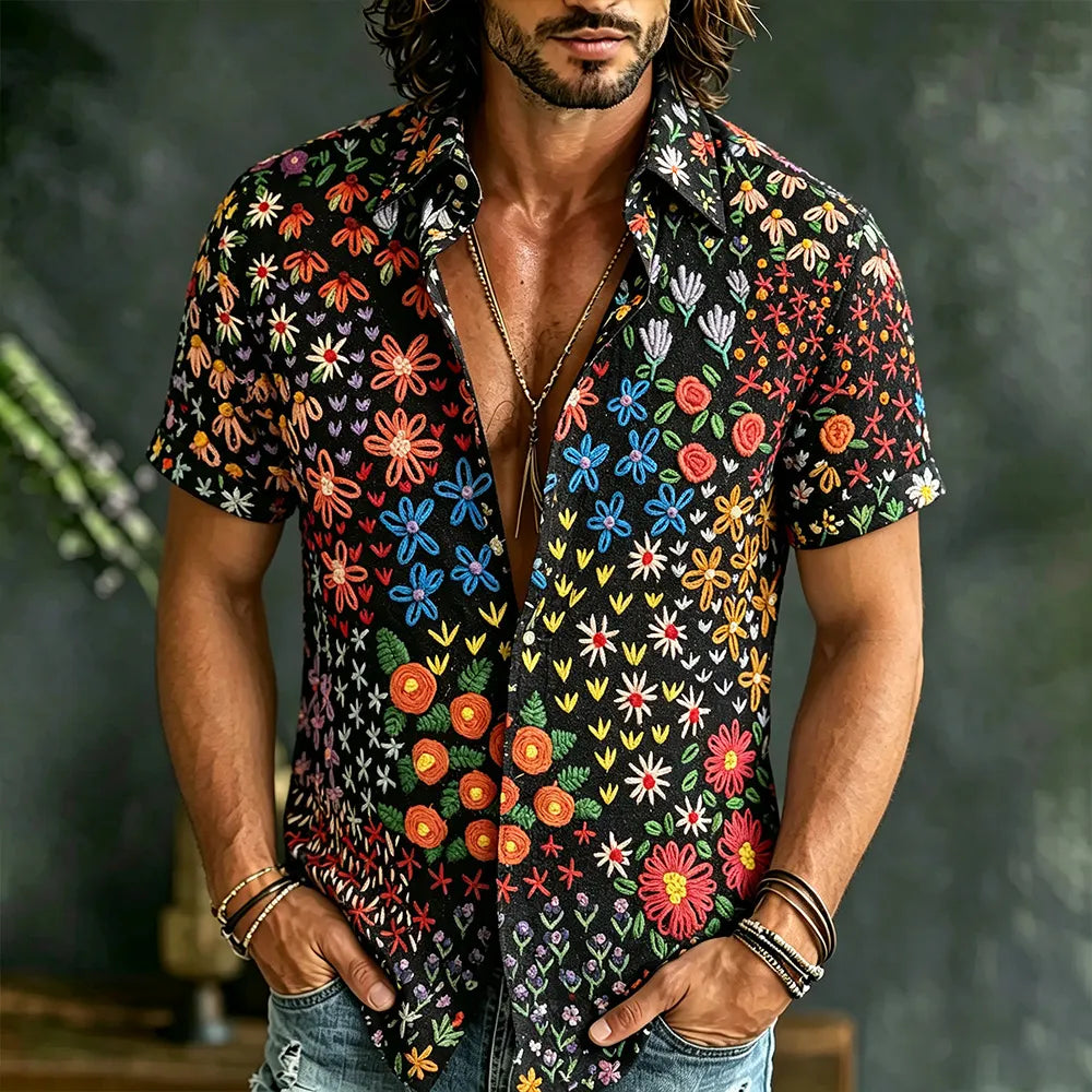 Men's Colorful Floral Art Embroidered Cotton Linen Comfortable Short-sleeved Shirt