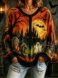 Women's Halloween Cardigan Sweater - Haunted Castle, Full Moon, Ghost & Tombstones Print