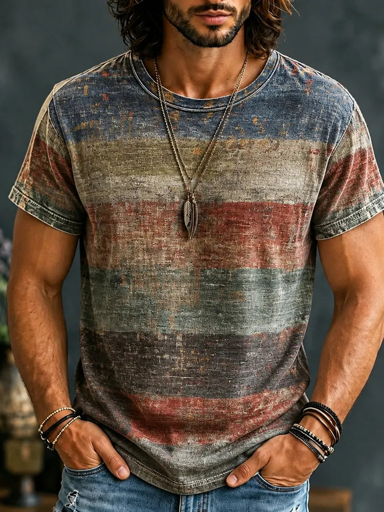 Vintage Horizontal Stripe Color Block Printed T-shirt