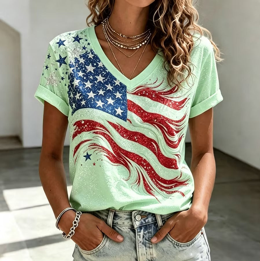 Women's Independence Day Flag Print V-neck Short Sleeve T-shirt
