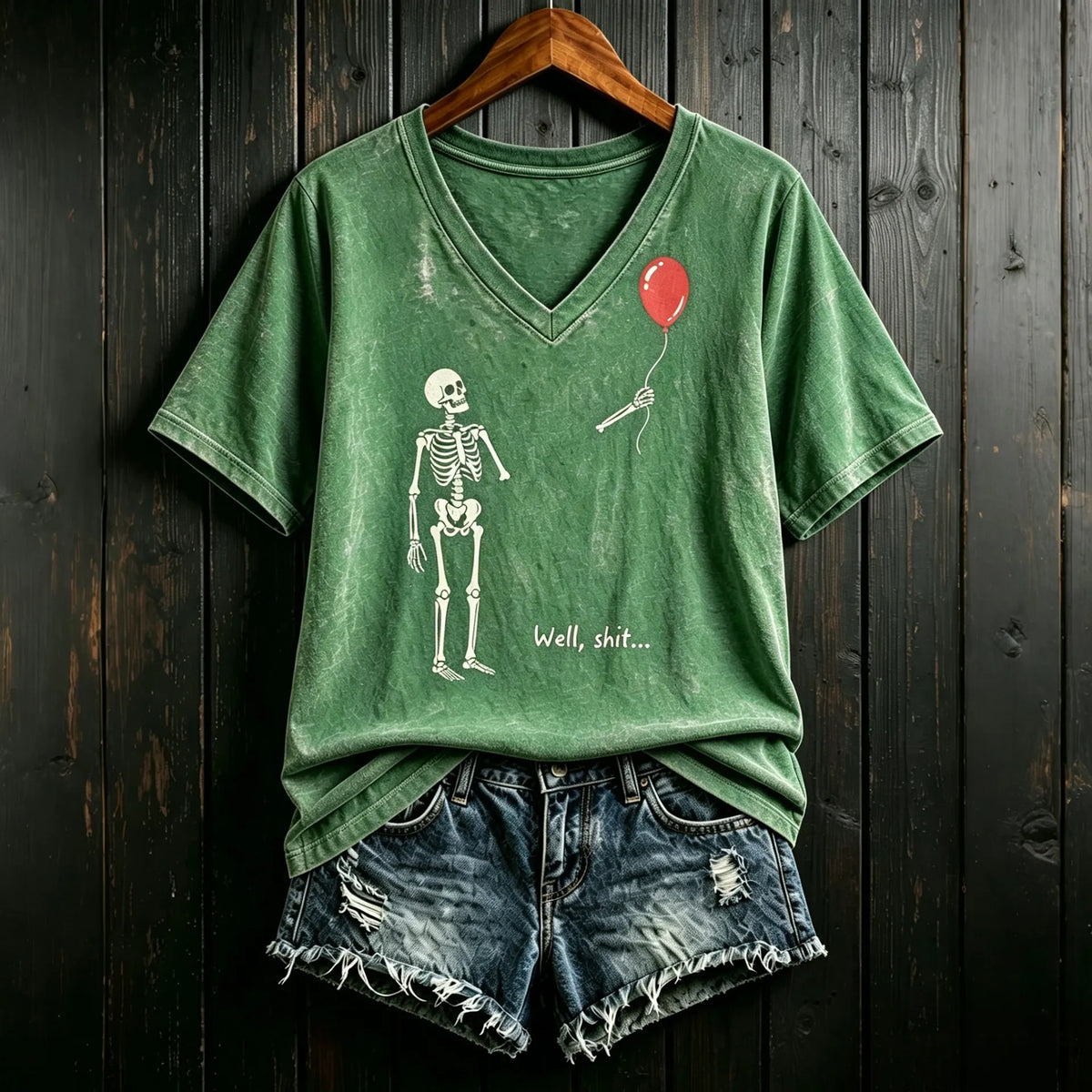 Women's Vintage Skeleton Lost Balloon Well Shit Funny Skeleton Graphic Print Casual T-shirt