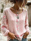 Women's Retro Breast Cancer Floral Print Long-Sleeved Top