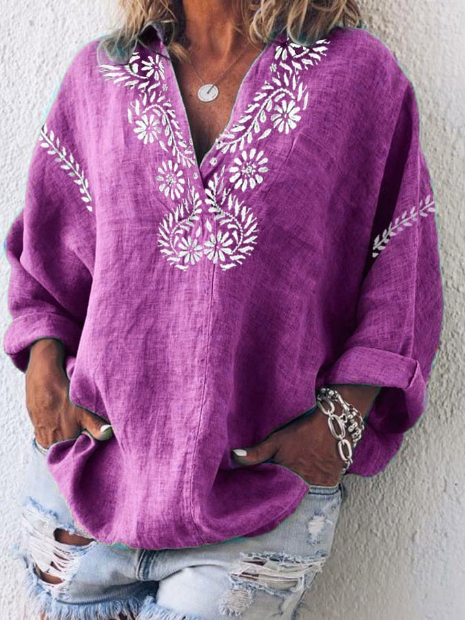 Women's Cotton And Linen Purple Floral V-Neck Top