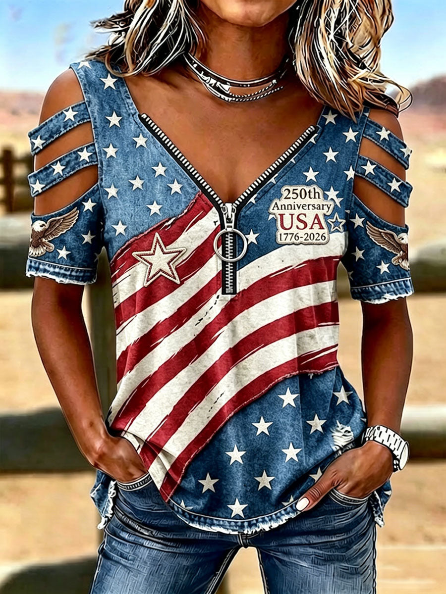 Female Casual Hollowed Out Patriotic T-Shirt