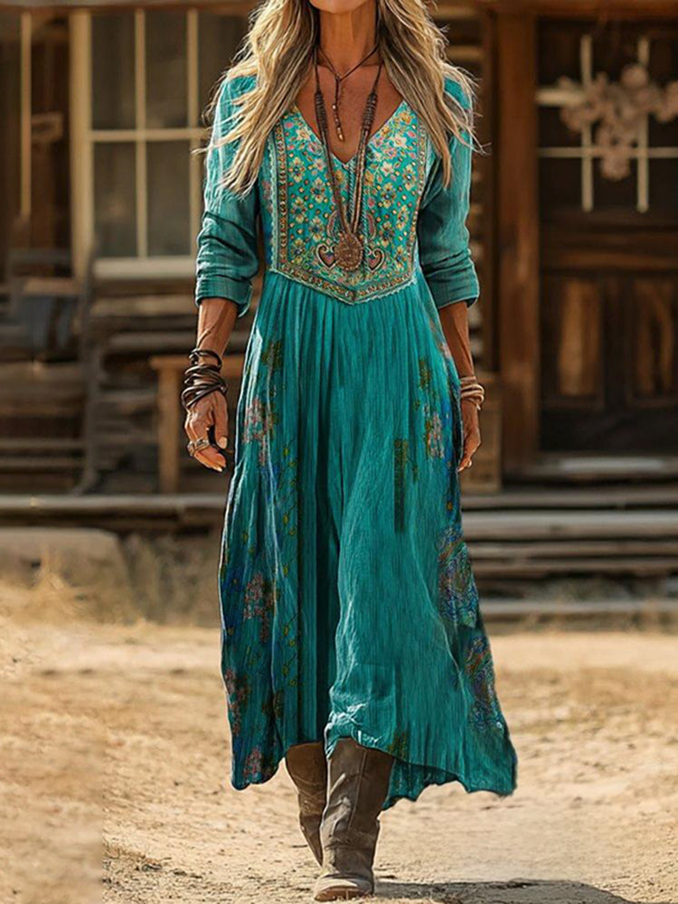 Vintage  Ethnic Floral Art Pattern Linen Blend  V-neck Loose Long Sleeve Midi Dress