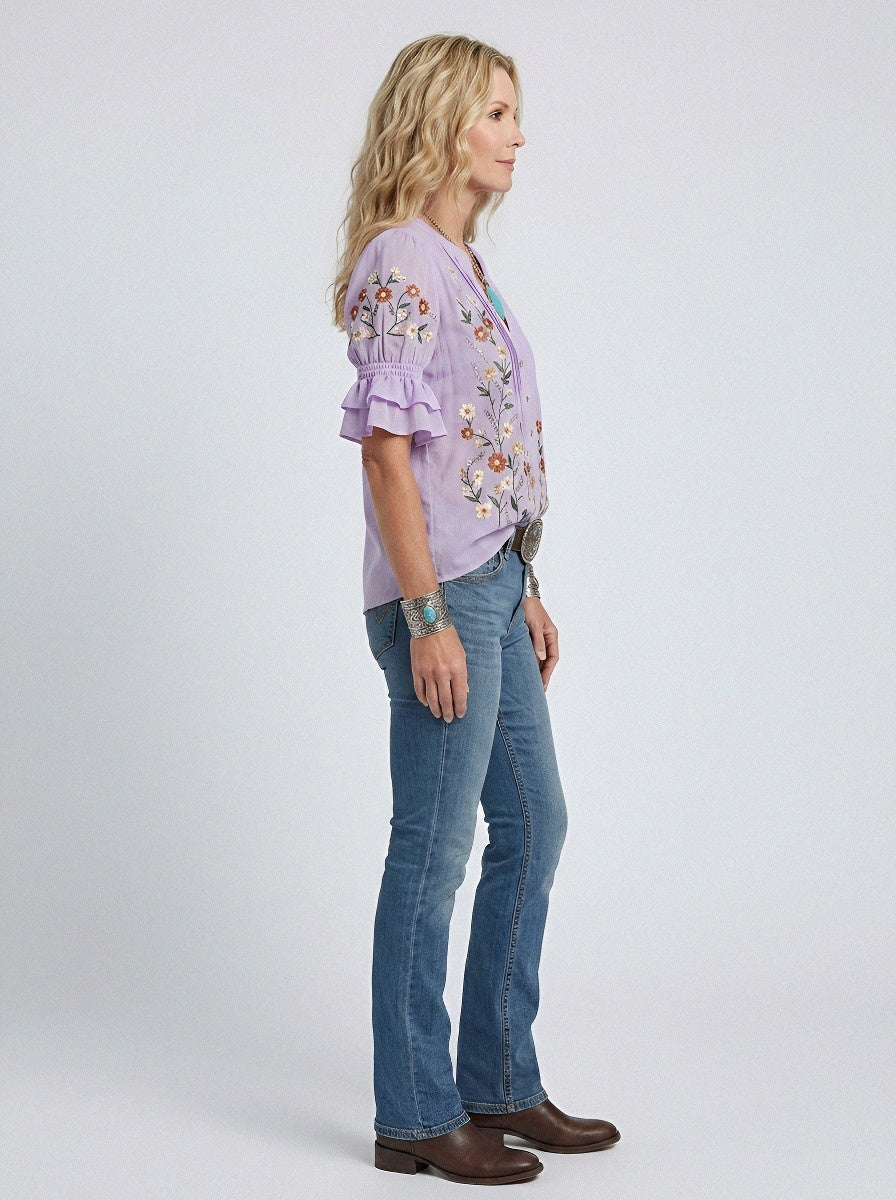 Women's Western Vintage Floral Embroidered Ruffle Sleeve Blouse