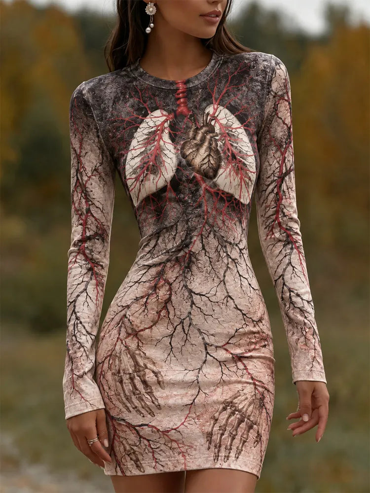 Women's Gothic Halloween Organ Skull Vascular Anatomy Art Bodycon Dress