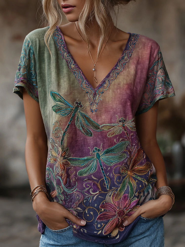 Women's Vintage Dragonfly Floral Art Linen Blend Casual V-neck T-shirt