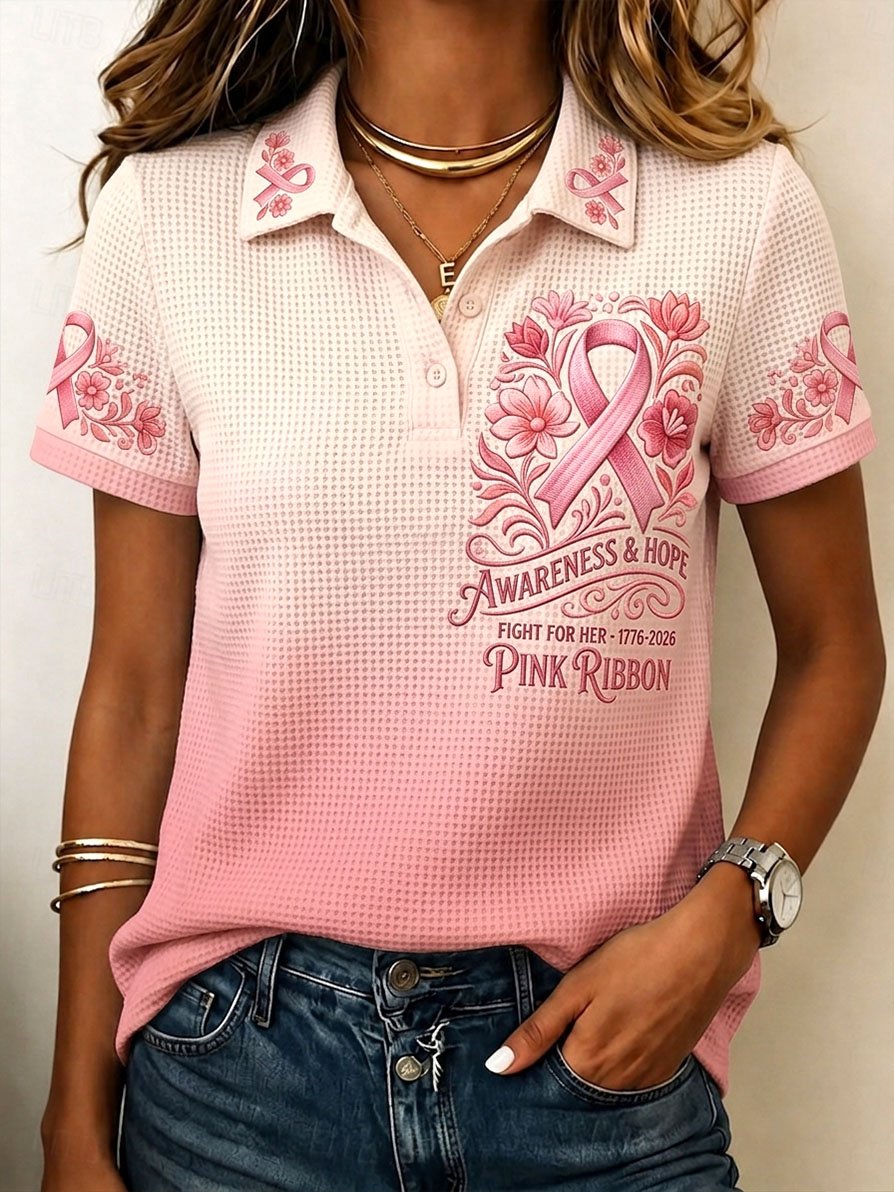 Women's Casual Floral Breast Cancer Awareness Print Polo Shirt
