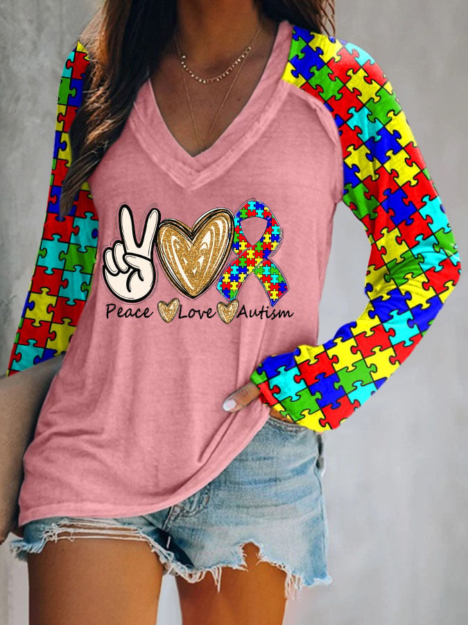 Women's Peace love Autism Printed V Neck Long Sleeve T-Shirt