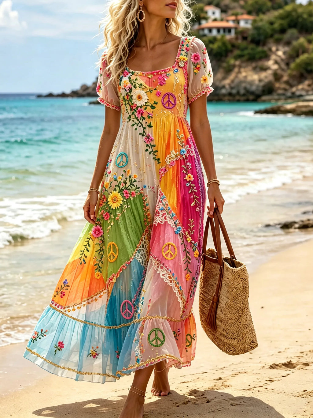 Women's Retro Floral Beachwear-style Vacation Linen Maxi Dress