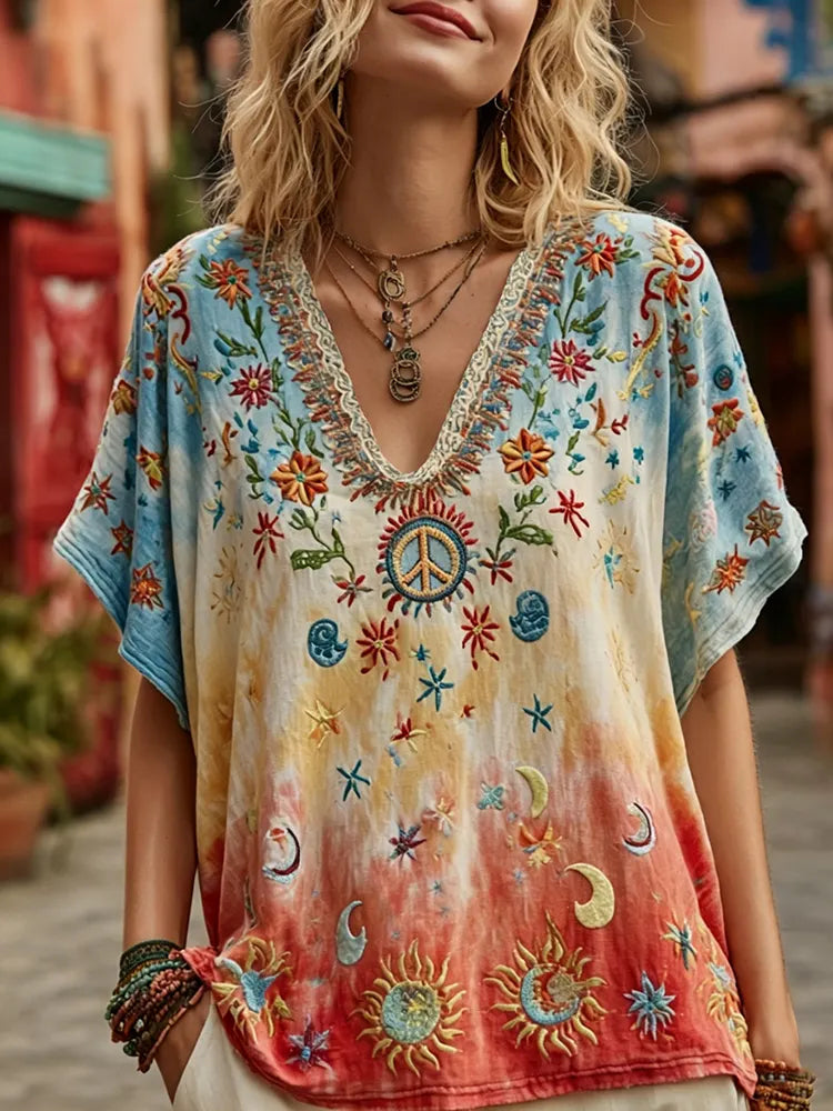 Women's Retro Tie-dye Style Peace Symbol And Floral Embroidery Casual V-neck T-shirt