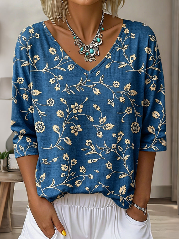 Women's Floral Art Print Flowy Linen Blend  Three-quarter Sleeve V Neck Linen Tops