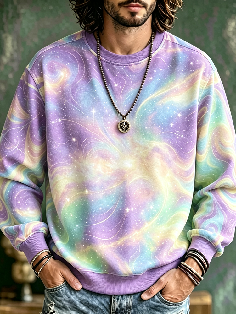 Men's Casual Crewneck Sweatshirt With Purple Nebula, Galaxy, And Starry Night Graphic Print