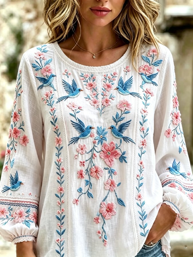 Women's Casual Retro Short-Sleeve Top with Floral Breast Cancer Awareness Print