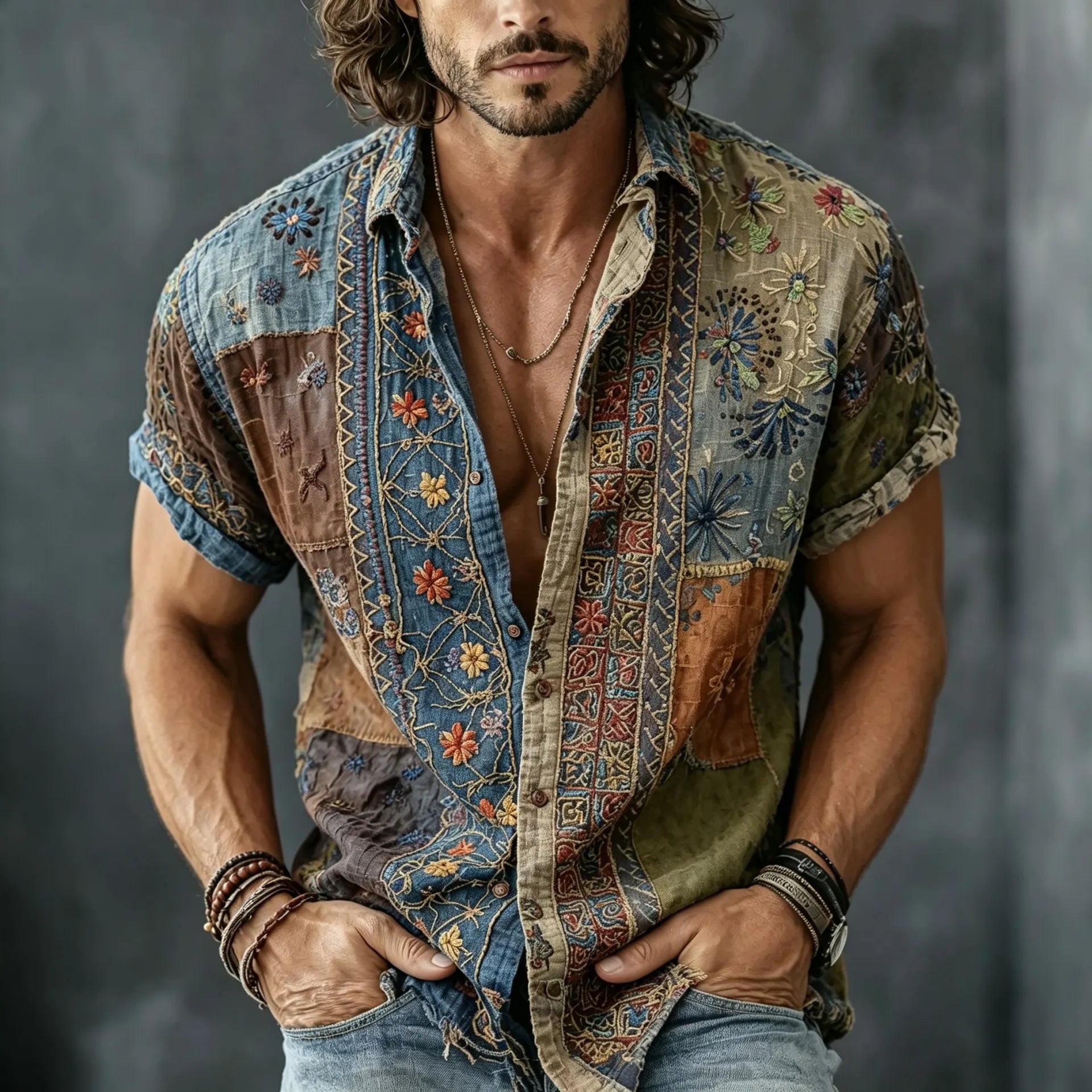 Men's Vintage Floral Patchwork Embroidered Art Print Flowy Linen Blend Casual Shirts