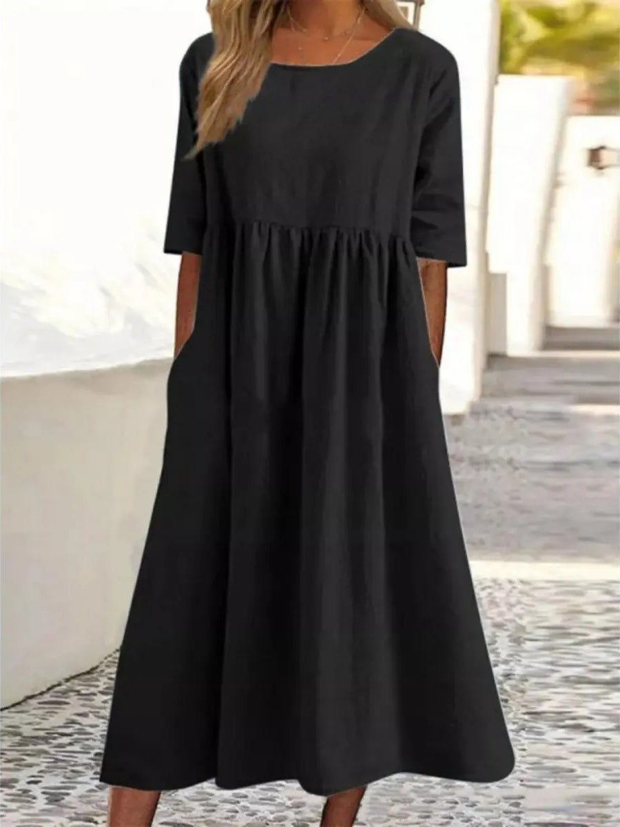 Women's Summer New Cotton and Linen Casual Short Sleeve Pocket Fold Loose Round Neck Dress