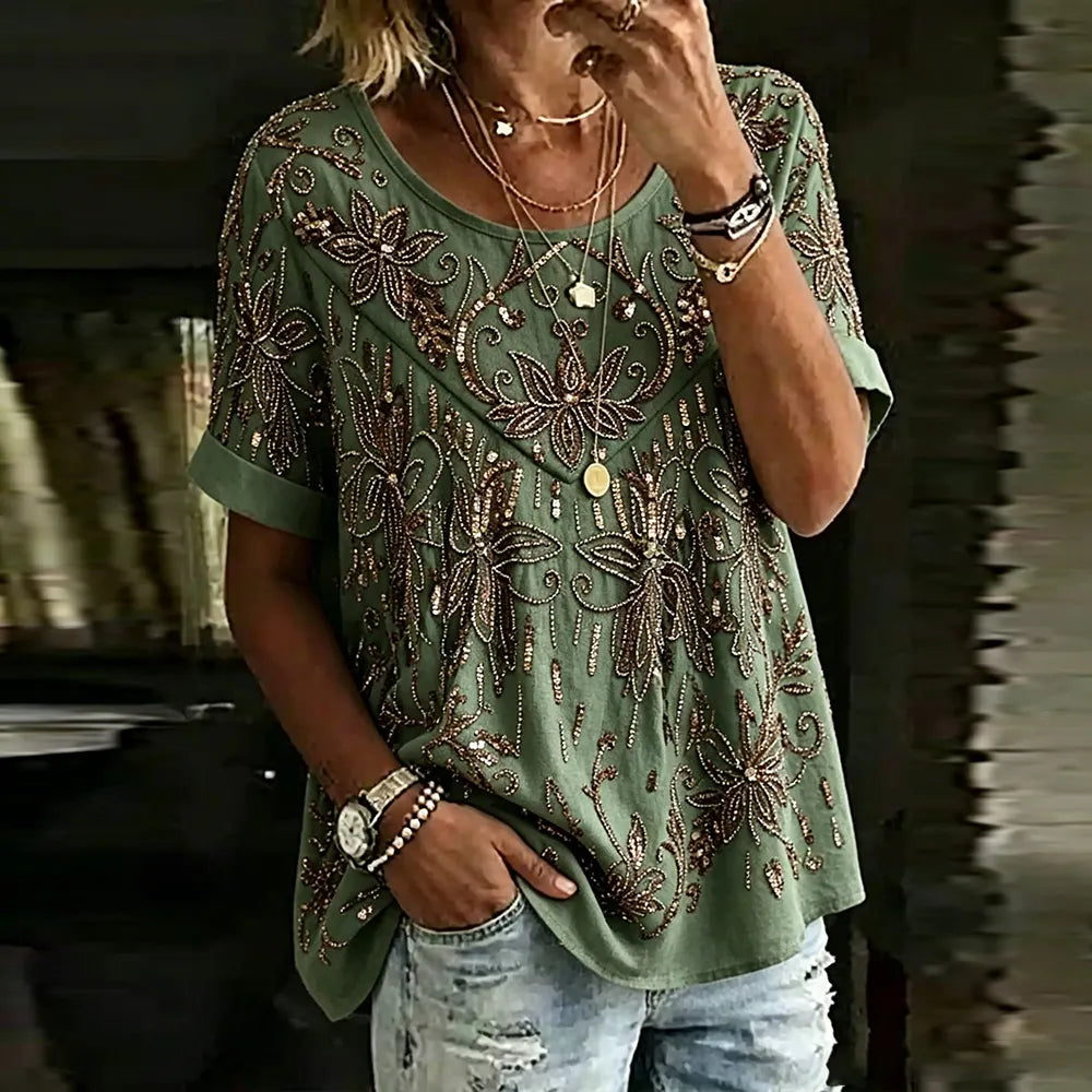 Women's Vintage Floral Art Casual Cotton And Linen Short-sleeved Top