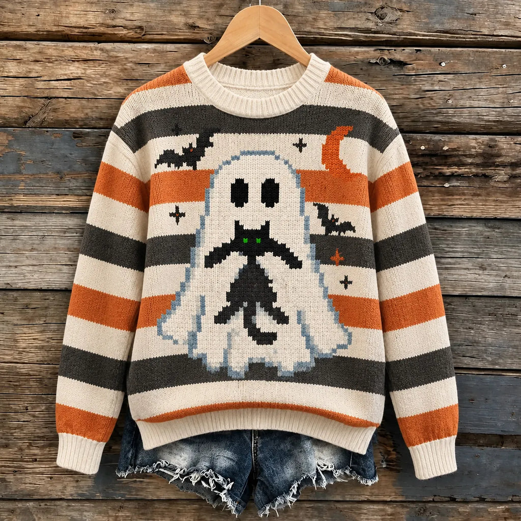 Women's Retro Cat And Ghost Striped Print Sweater