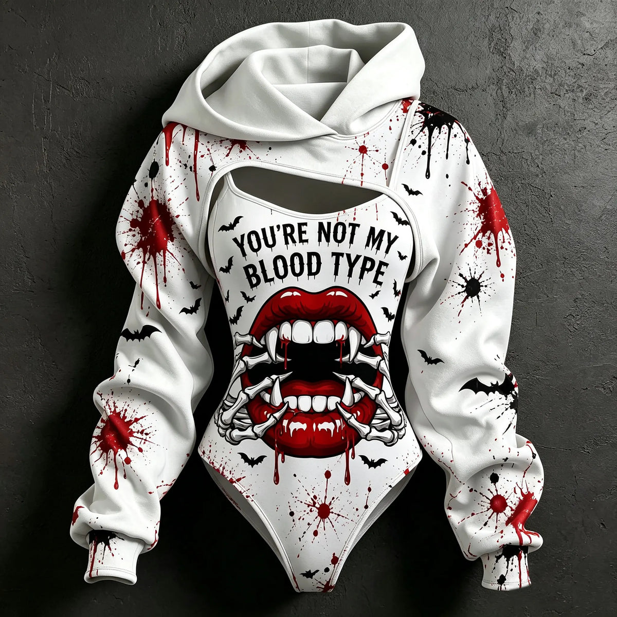 Women's Retro Halloween Lip Skull Letter Print Hoodie Two-piece Set