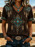 Women'S Retro Ethnic Art Printed Round Neck T-Shirt