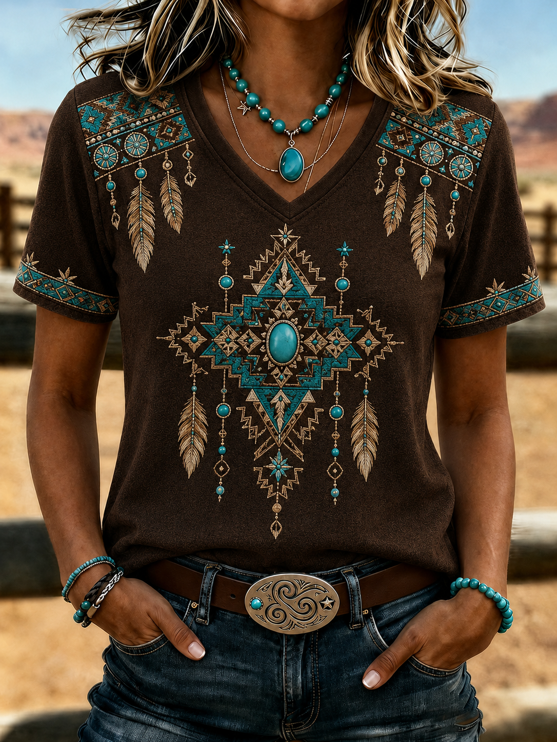 Women'S Retro Ethnic Art Printed Round Neck T-Shirt