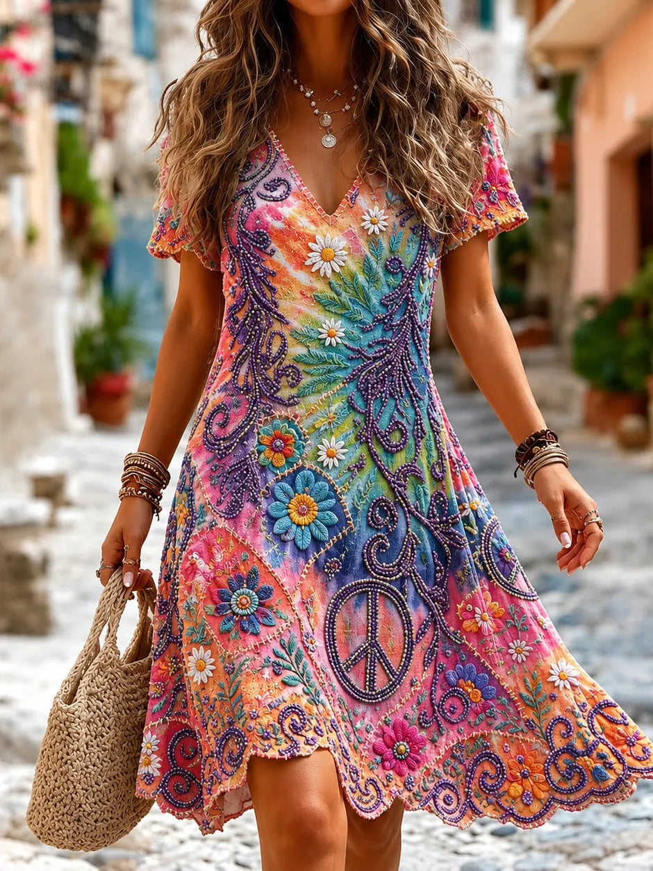 Women's Hippie-style Floral And Peace Symbol Color-blocked Short Dress