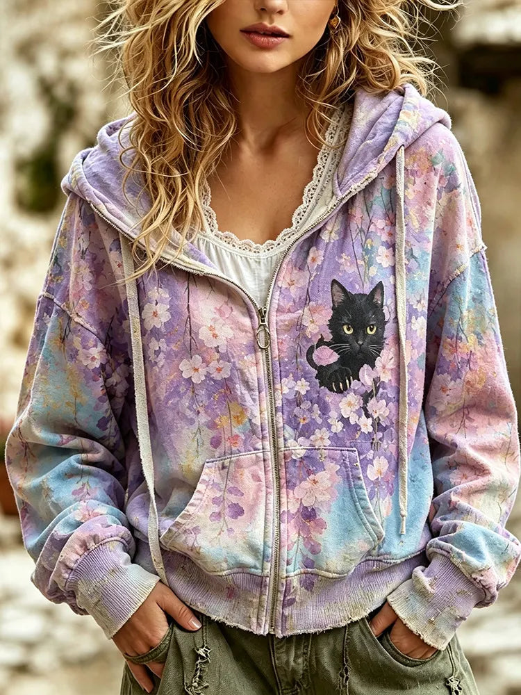 Women's Vintage Black Cat In Flower Bush Art Casual Hoodie