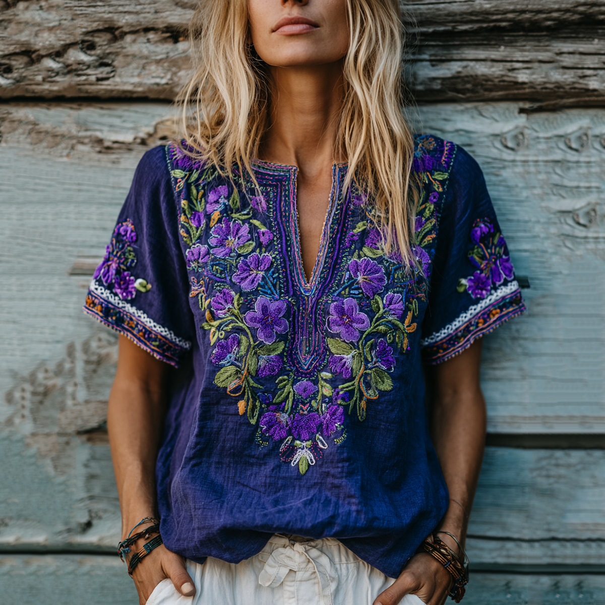 Women's Floral Embroidery Art Linen V-neck Shirt