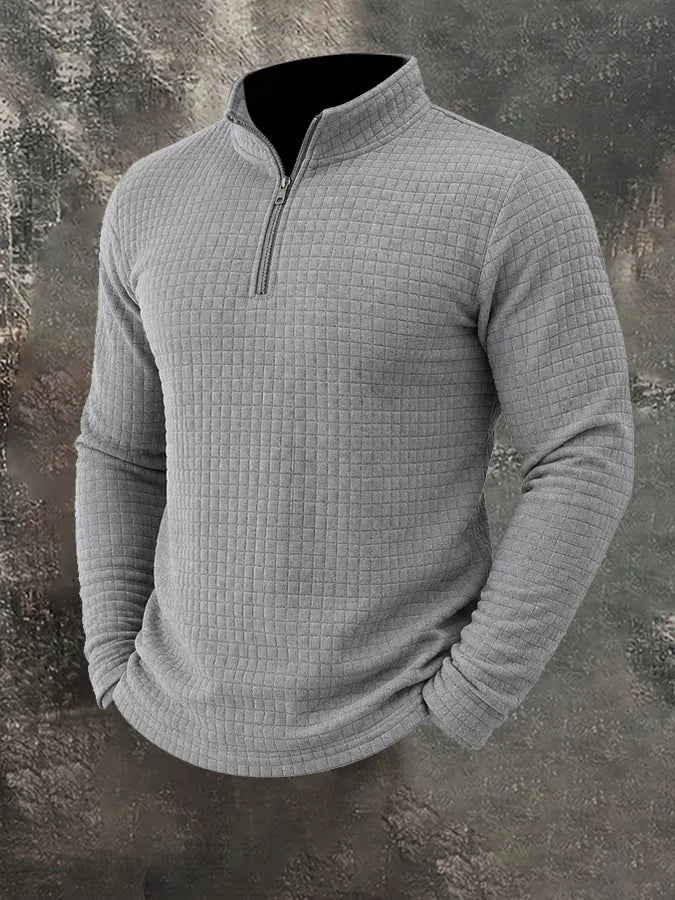 Men's American Retro Autumn And Winter Half-Zip Small Plaid Casual Stand-Up Collar Long-Sleeved Sweatshirt