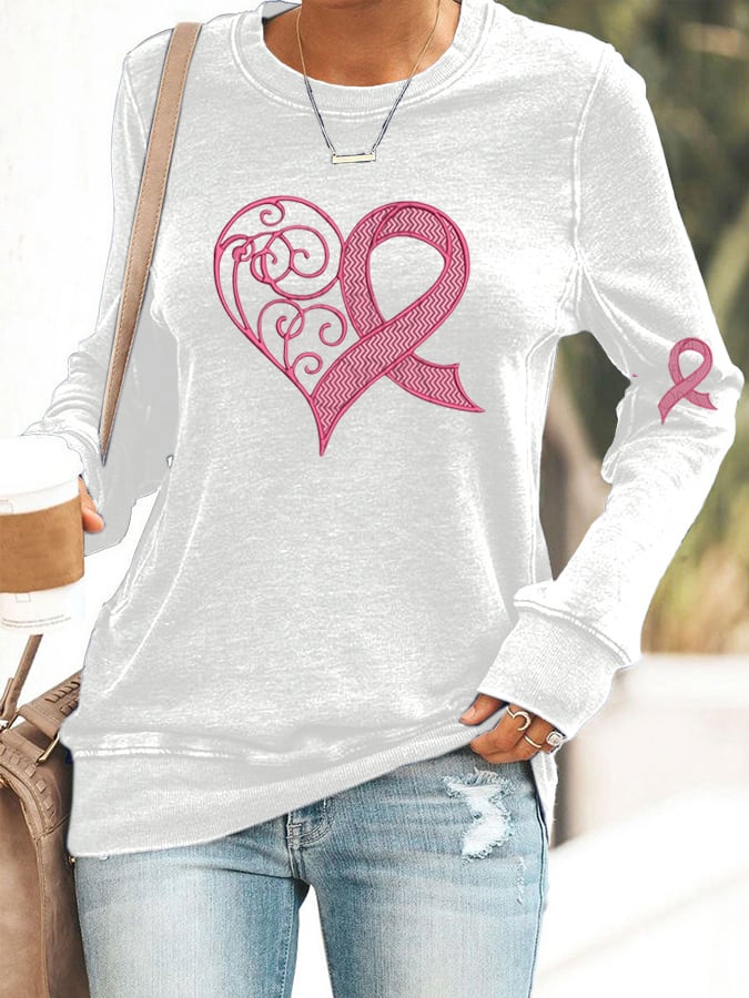 Women's Breast Cancer Awareness Heart Ribbon Print Sweatshirt