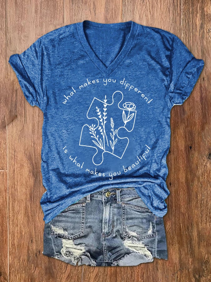 Women's What Makes You Different Is What Makes You Beautiful Autism Awareness V-Neck Tee