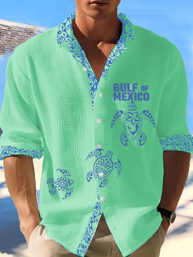 Men's Gulf Of Mexico Turtle Print Vacation Waffle Shirt