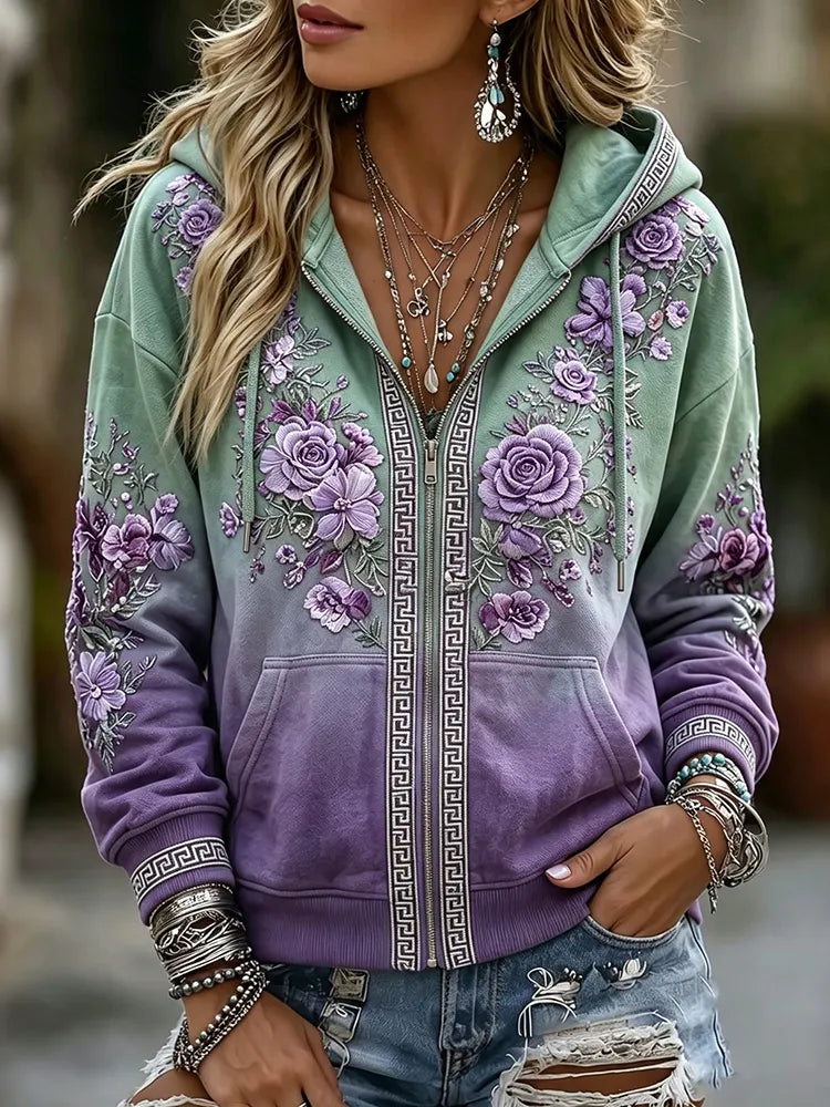 Women's Vintage Floral Gradient Art Comfy Zipper Hoodie