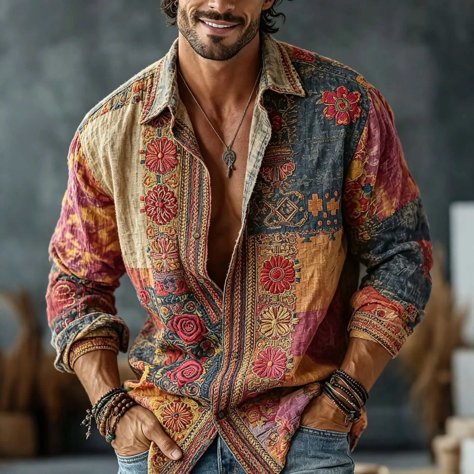 Men's Vintage Floral  Patchwork Embroidered Art Print Flowy Linen Blend Casual Shirt