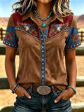 Women'S Retro Western Style Printed Short Sleeved Shirt