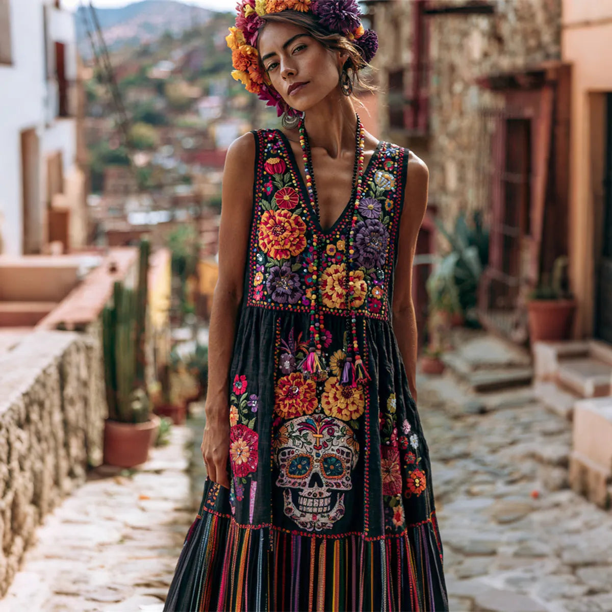 Women's Retro Floral Skull-free Linen V-neck Dress