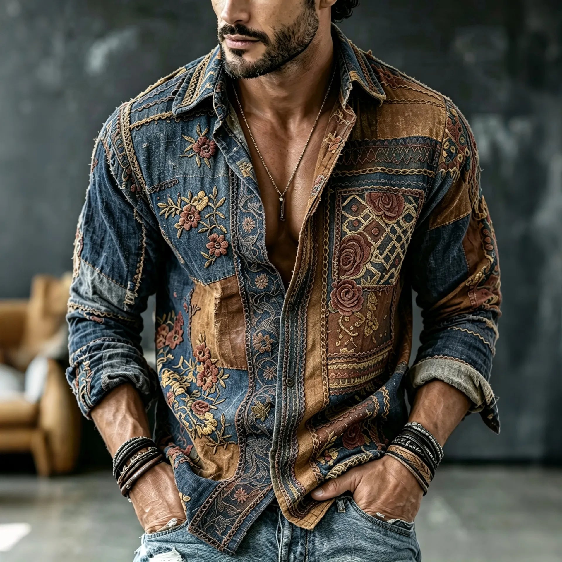 Men's Vintage Floral  Patchwork Embroidered Art Print Flowy Linen Blend Casual Shirt