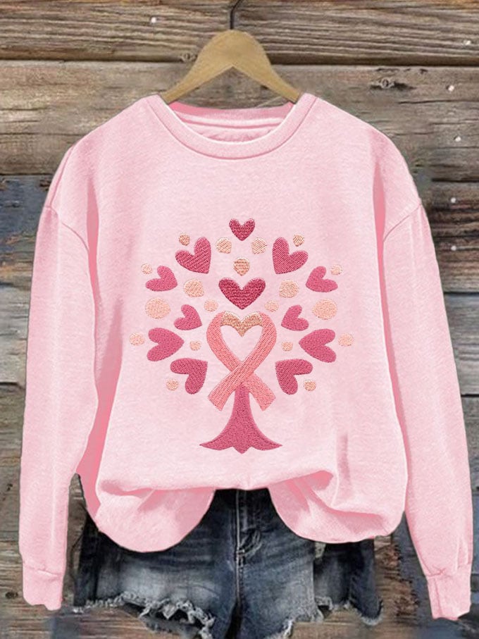 Women's Tree With Pink Ribbon Embroidered Printed Sweatshirt