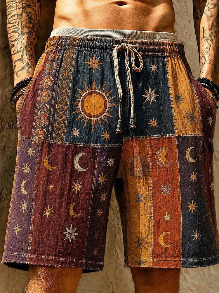 Men's Hippie Sun Moon Element Patchwork Art Print Shorts