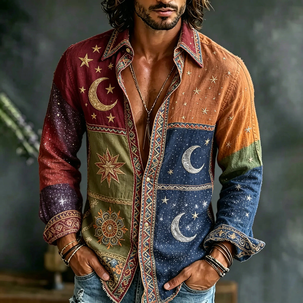 Men's Retro Hippie Moon And Star Print Color-blocked Cotton Linen Casual Long-sleeved Shirt