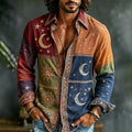 Men's Retro Hippie Moon And Star Print Color-blocked Cotton Linen Casual Long-sleeved Shirt