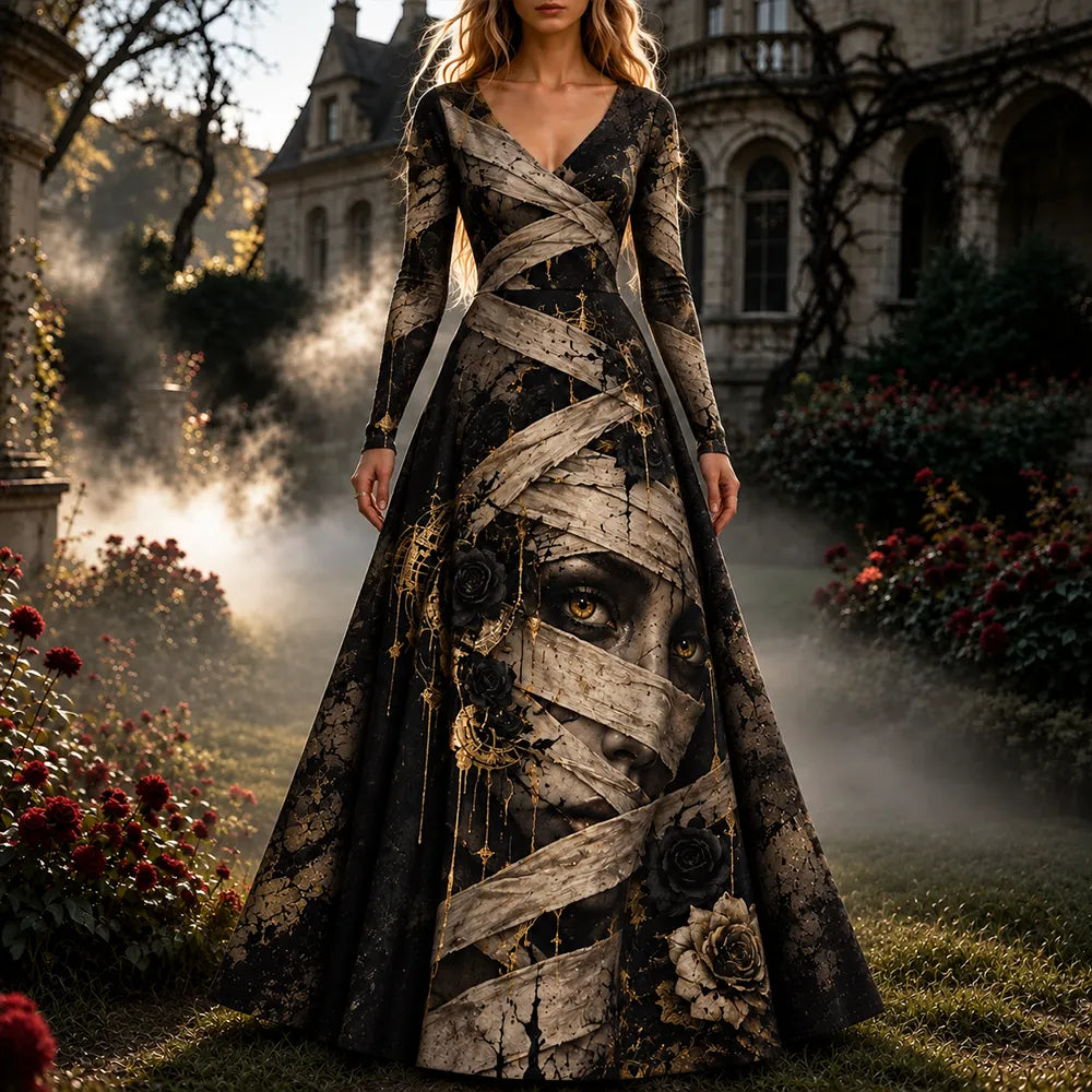 Women's Gothic Wrapped Mummy Face & Black Roses Long Sleeve Maxi Dress