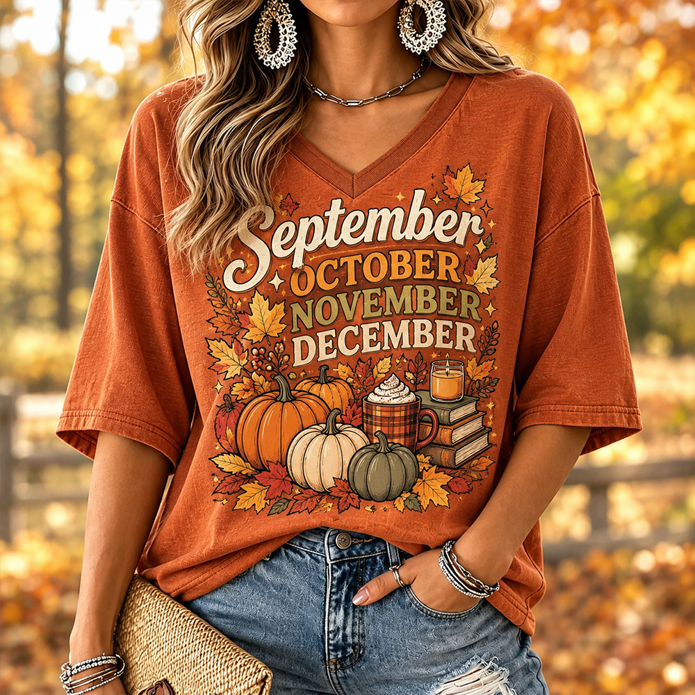 Women's Autumn Months Pumpkin And Coffee V-neck T-shirt