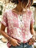 Women'S Casual Pink Floral Print Short-Sleeve Top